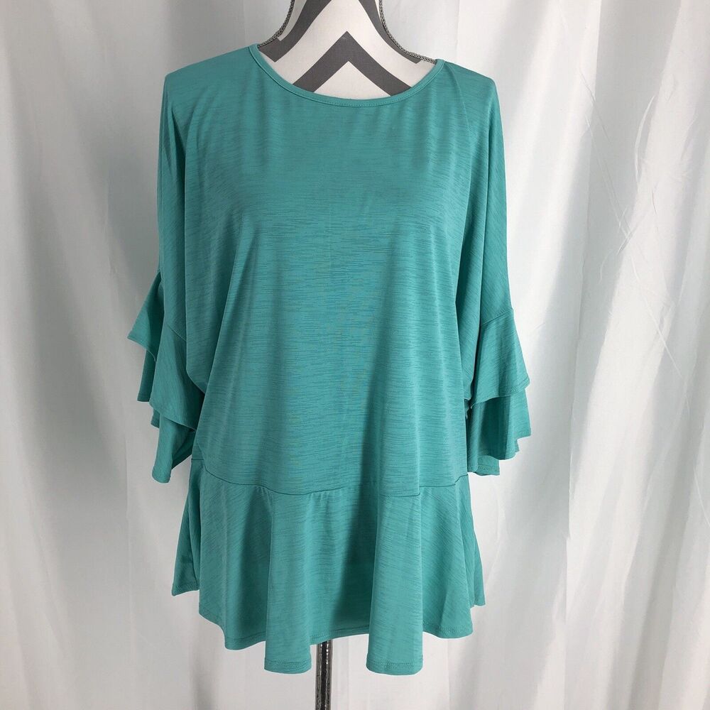 Chris & Carol Womens Peplum Top 3/4 Flutter Sleeve Aqua Size 3X